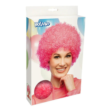 Pruik Curly neonroze UV van Boland koop je bij Partywinkel
