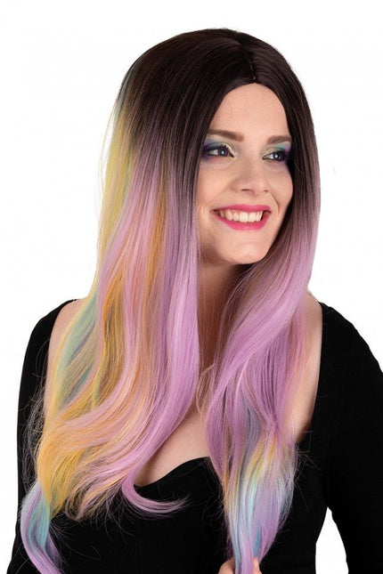 Pruik Selena Lang Met Krullen Pastel Regenboog van PartyXplosion koop je bij Partywinkel