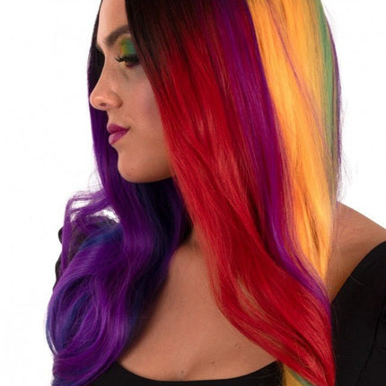 Pruik Selena Lang Met Krullen Regenboog Two Sides van PartyXplosion koop je bij Partywinkel
