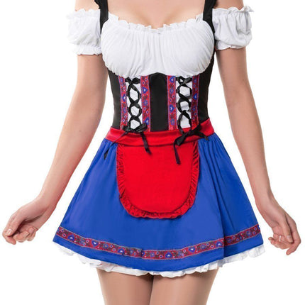 Rood Dirndl Jurk Oktoberfest Blauw Wit Marlene van Partychimp koop je bij Partywinkel