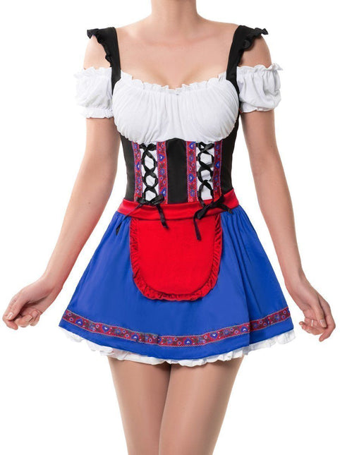 Rood Dirndl Jurk Oktoberfest Blauw Wit Marlene van Partychimp koop je bij Partywinkel