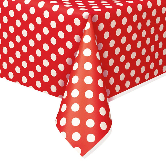 Rood Tafelkleed Witte Stippen 2,74m van Unique koop je bij Partywinkel