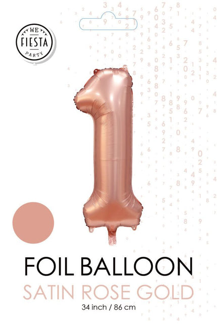 Rose Goud Cijfer Ballon 1 Jaar Glans 86cm van WeFiesta koop je bij Partywinkel