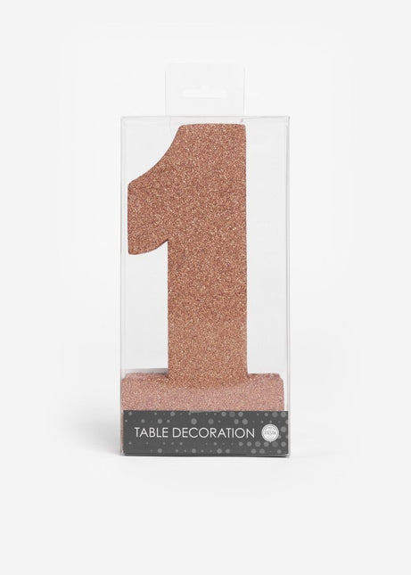 Rose Goud Tafeldecoratie Cijfer 1 Glitter 20,5cm van WeFiesta koop je bij Partywinkel