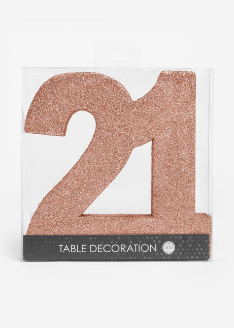 Rose Goud Tafeldecoratie Cijfer 21 Glitter 20,5cm van WeFiesta koop je bij Partywinkel