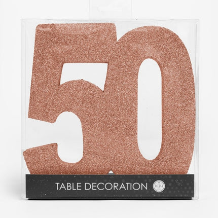 Rose Goud Tafeldecoratie Cijfer 50 Glitter 20,5cm van WeFiesta koop je bij Partywinkel