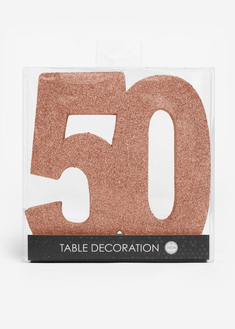 Rose Goud Tafeldecoratie Cijfer 50 Glitter 20,5cm van WeFiesta koop je bij Partywinkel
