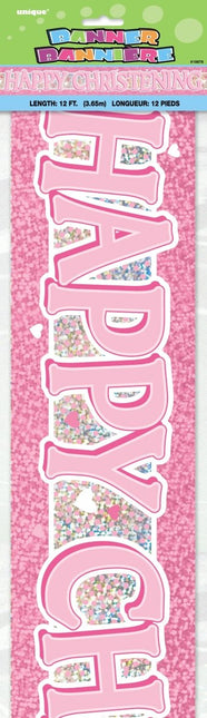 Roze Banner Happy Christening 3,65m van Unique koop je bij Partywinkel