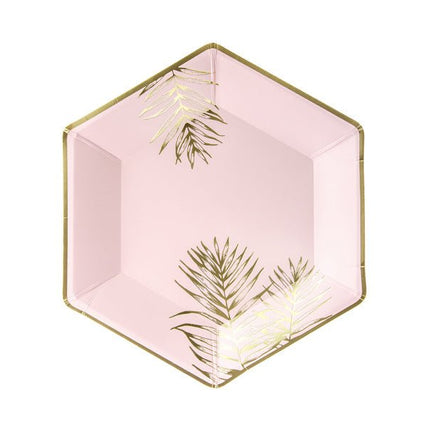 Roze Borden Gouden Bladeren 23cm 6st van Partydeco koop je bij Partywinkel