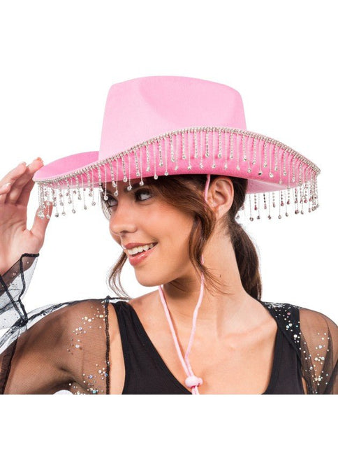 Roze Cowboyhoed met Hangende Strass One Size van CHAKS koop je bij Partywinkel