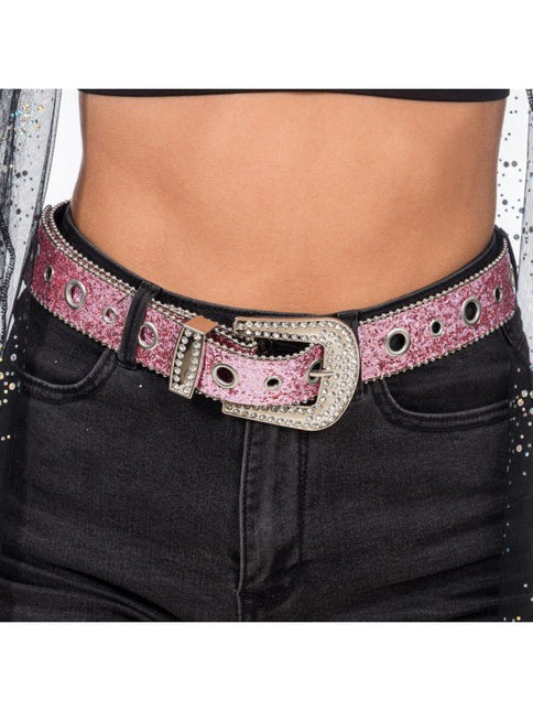 Roze Glitterriem met Strass Western Gesp 112cm van CHAKS koop je bij Partywinkel