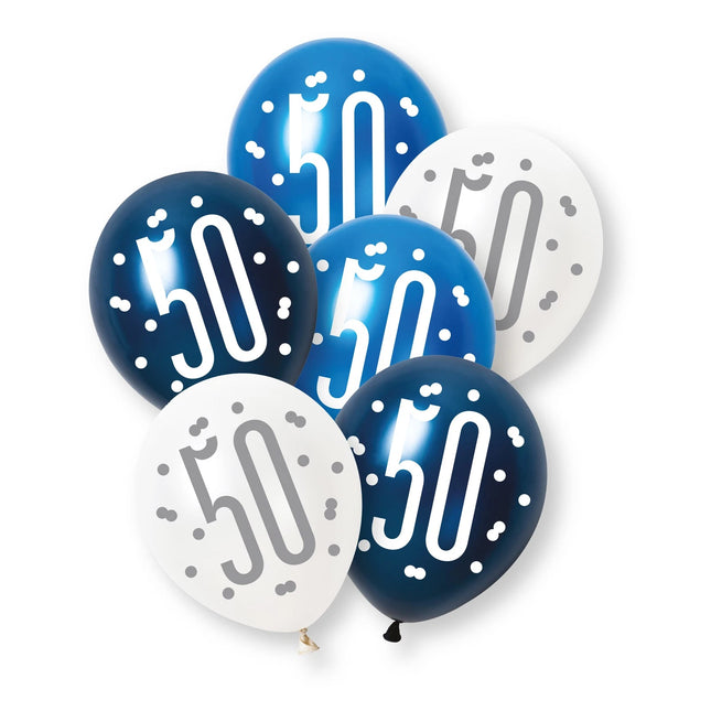 Blue and White 50th Anniversary Balloons, 30 cm, 6-pack
