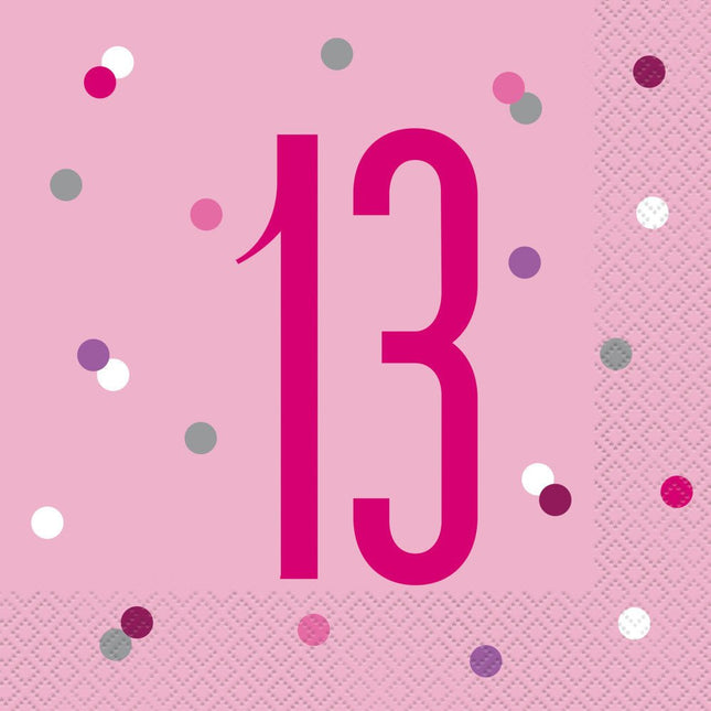 Servetten 13 Jaar Roze 33cm 16st van Unique koop je bij Partywinkel