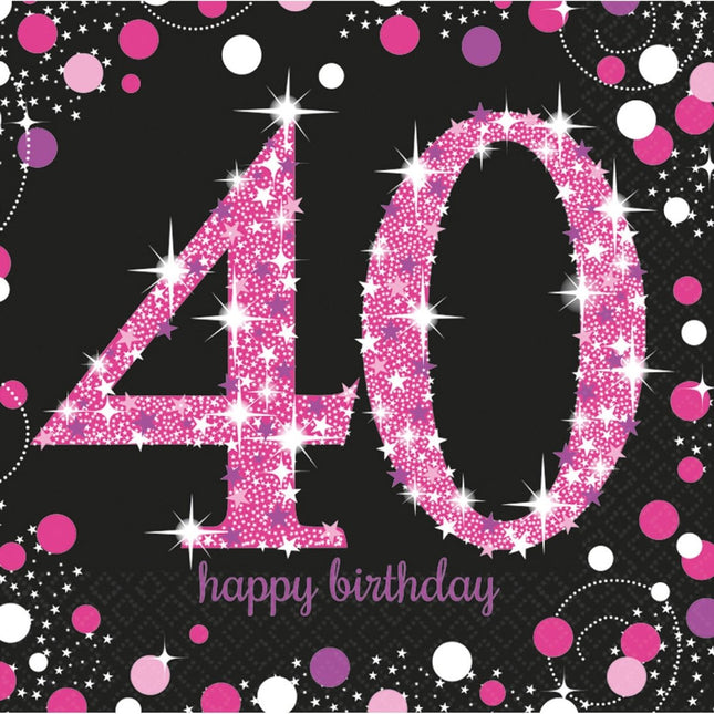 Servetten 40 Jaar Happy Birthday Roze 33cm 16st van Riethmueller koop je bij Partywinkel
