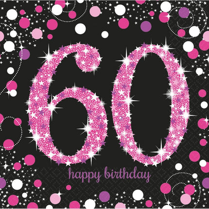 Servetten 60 Jaar Happy Birthday Roze 33cm 16st van Riethmueller koop je bij Partywinkel