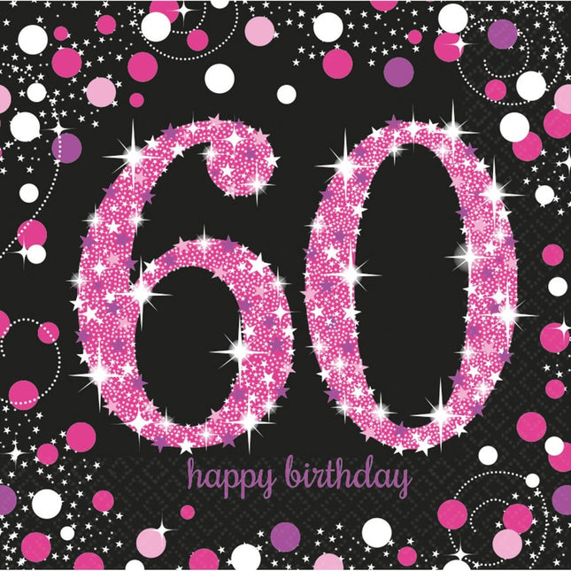 Servetten 60 Jaar Happy Birthday Roze 33cm 16st van Riethmueller koop je bij Partywinkel