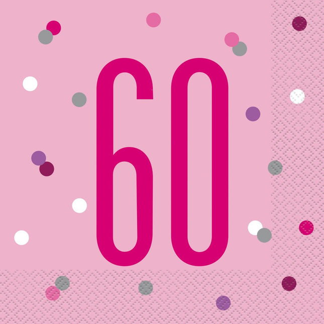 Servetten 60 Jaar Roze 33cm 16st van Unique koop je bij Partywinkel