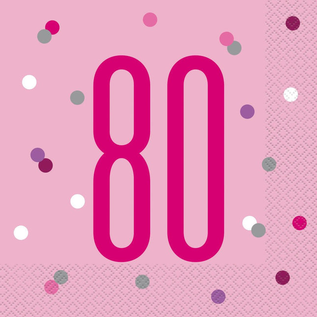 Servetten 80 Jaar Roze 33cm 16st van Unique koop je bij Partywinkel