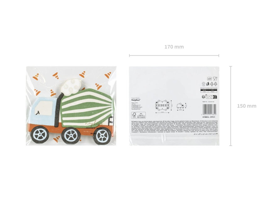 Servetten Betonmixer 13cm 20st van Partydeco koop je bij Partywinkel
