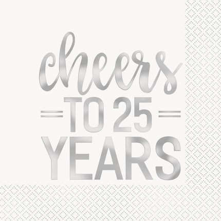 Servetten Cheers To 25 Year Zilver 25cm 16st van Unique koop je bij Partywinkel