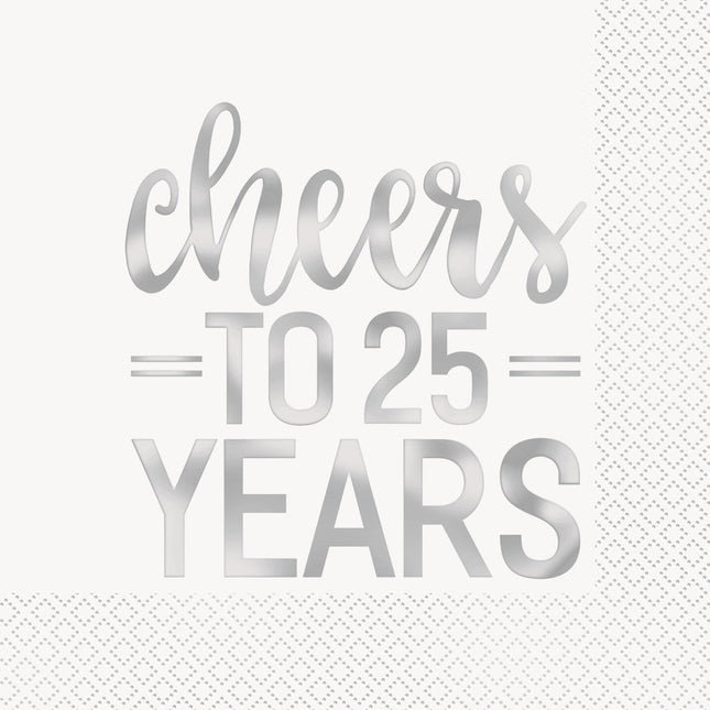 Servetten Cheers To 25 Year Zilver 25cm 16st van Unique koop je bij Partywinkel