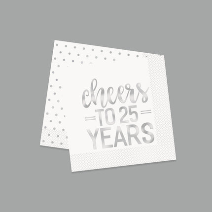 Servetten Cheers To 25 Year Zilver 25cm 16st van Unique koop je bij Partywinkel