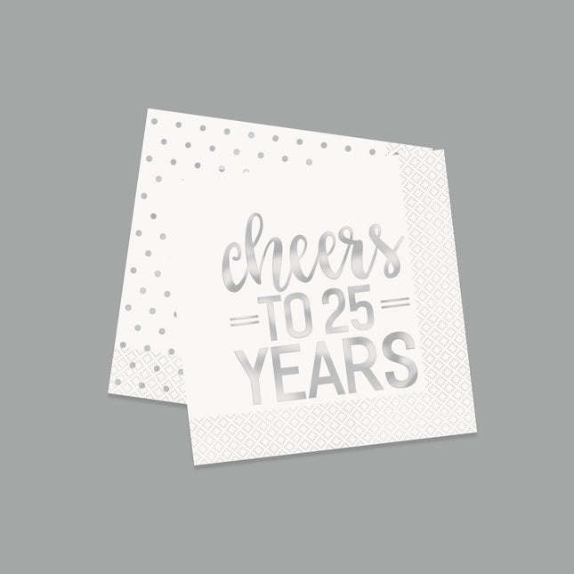 Servetten Cheers To 25 Year Zilver 25cm 16st van Unique koop je bij Partywinkel