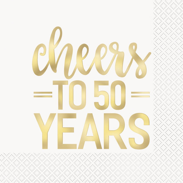 Servetten Cheers To 50 Years Goud 25cm 16st van Unique koop je bij Partywinkel