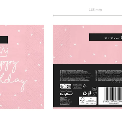 Servetten Happy Birthday Roze 33cm 20st van Partydeco koop je bij Partywinkel