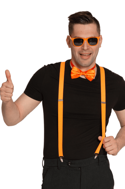 Set Bretels/Bril/Strik Neon Oranje van Partychimp koop je bij Partywinkel