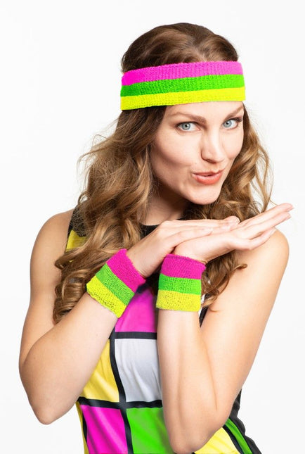 Set Hoofdband/Polsbandjes Neon Multicolour - 6 Pack van Partychimp koop je bij Partywinkel