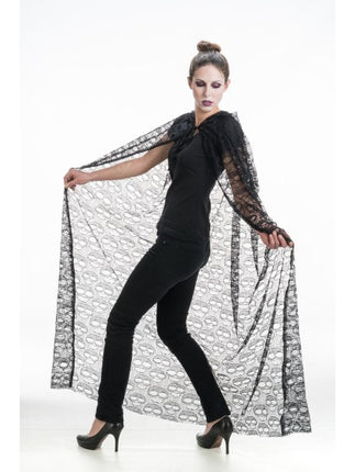 Skull Cape with Hood, Black, 145 cm