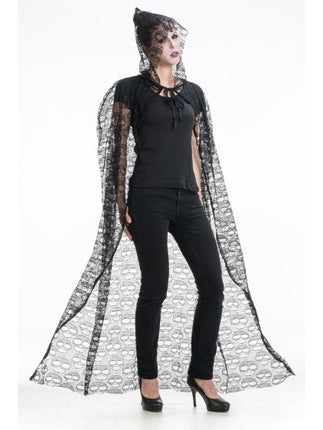Skull Cape with Hood, Black, 145 cm