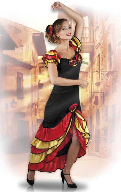 Spaanse Jurk Flamenco Rood Geel van Boland koop je bij Partywinkel