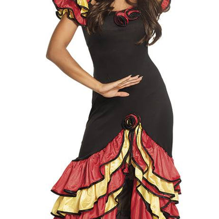 Spaanse Jurk Flamenco Rood Geel van Boland koop je bij Partywinkel