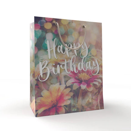 Happy Birthday Gift Bag with Flowers, 21 cm, 12-Pack