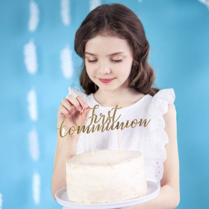 Taarttopper 1ste Communnie Goud 21cm van Partydeco koop je bij Partywinkel