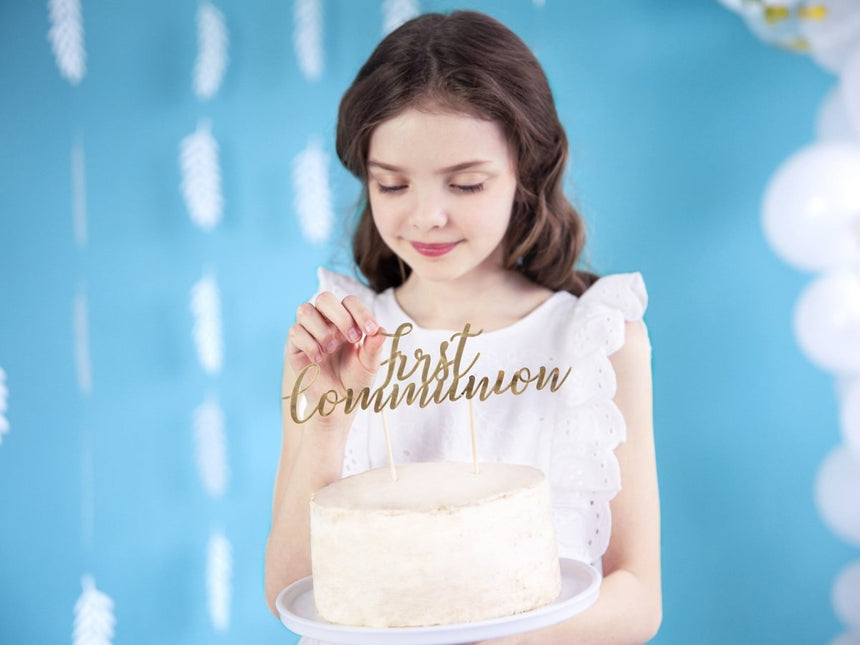 Taarttopper 1ste Communnie Goud 21cm van Partydeco koop je bij Partywinkel