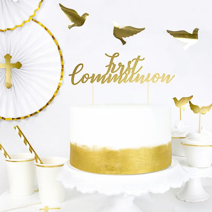 Taarttopper 1ste Communnie Goud 21cm van Partydeco koop je bij Partywinkel