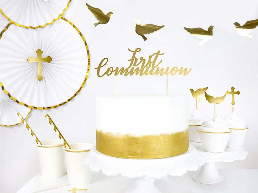 Taarttopper 1ste Communnie Goud 21cm van Partydeco koop je bij Partywinkel