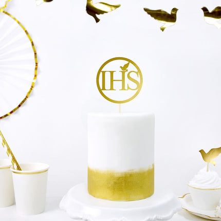 Taarttopper Communie IHS Goud 22cm van Partydeco koop je bij Partywinkel