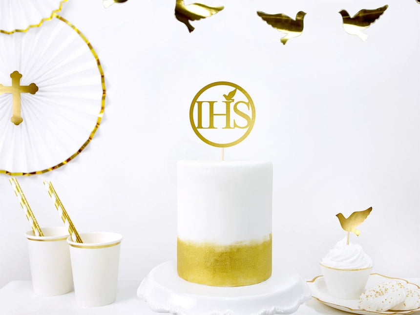 Taarttopper Communie IHS Goud 22cm van Partydeco koop je bij Partywinkel