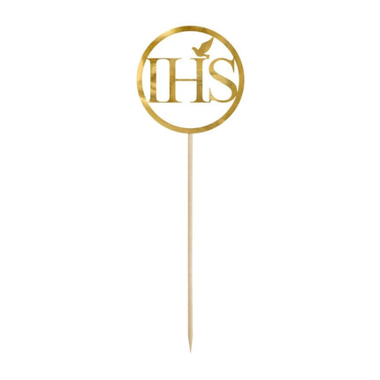 Taarttopper Communie IHS Goud 22cm van Partydeco koop je bij Partywinkel