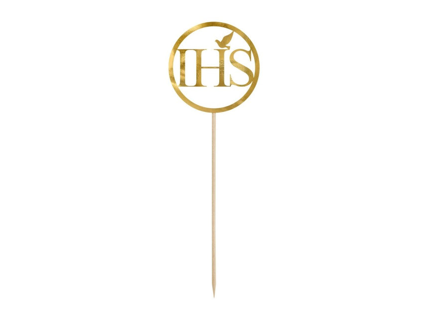 Taarttopper Communie IHS Goud 22cm van Partydeco koop je bij Partywinkel