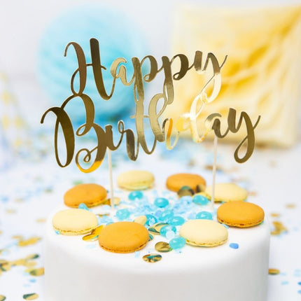 Taarttopper Happy Birthday Goud 22,5cm van Partydeco koop je bij Partywinkel
