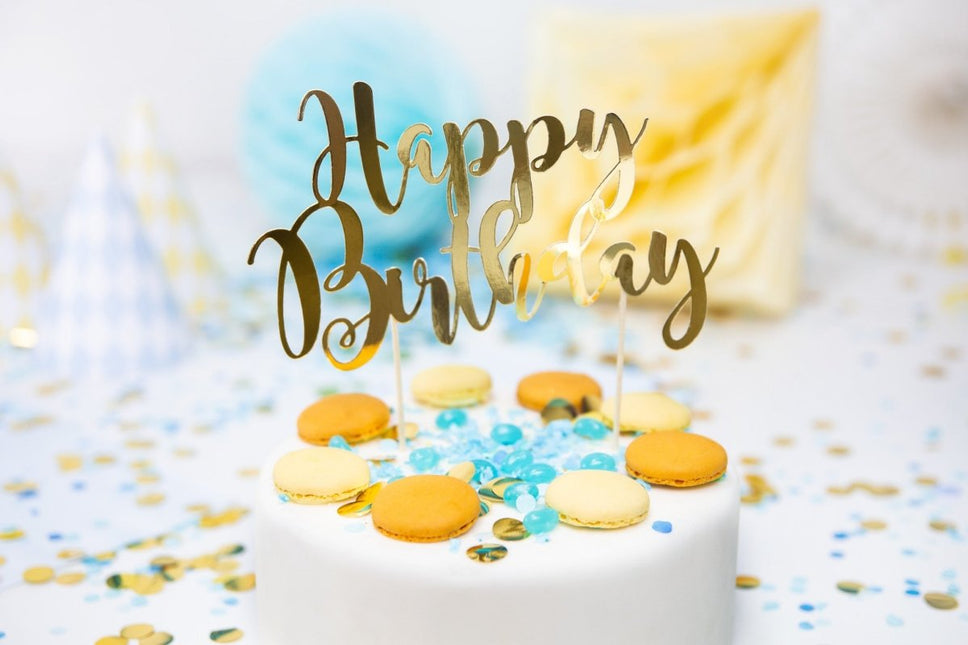 Taarttopper Happy Birthday Goud 22,5cm van Partydeco koop je bij Partywinkel