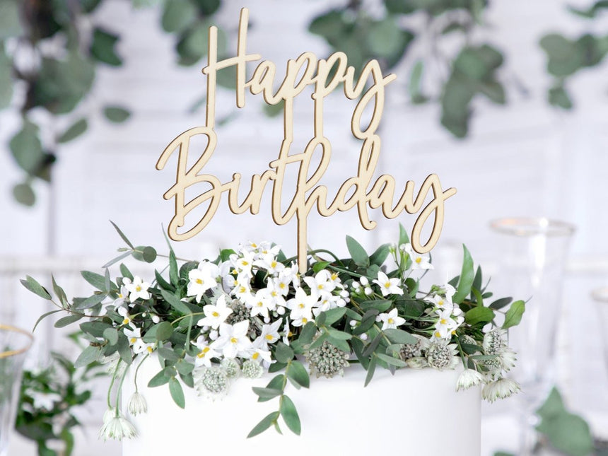 Taarttopper Happy Birthday Hout 16,5cm van Partydeco koop je bij Partywinkel