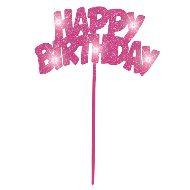 Taarttopper Happy Birthday Roze Verlichting 26cm van Unique koop je bij Partywinkel