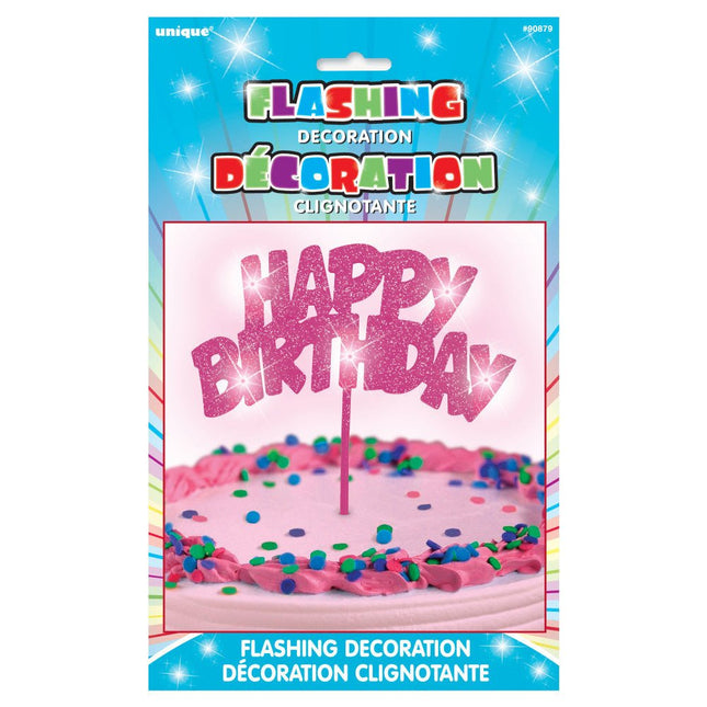 Taarttopper Happy Birthday Roze Verlichting 26cm van Unique koop je bij Partywinkel