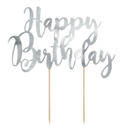 Taarttopper Happy Birthday Zilver 22,5cm van Partydeco koop je bij Partywinkel